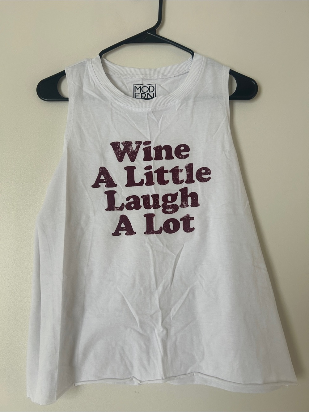 Modern Lux White Muscle Tee with Burgundy Graphic 'Wine A Little Laugh A Lot'